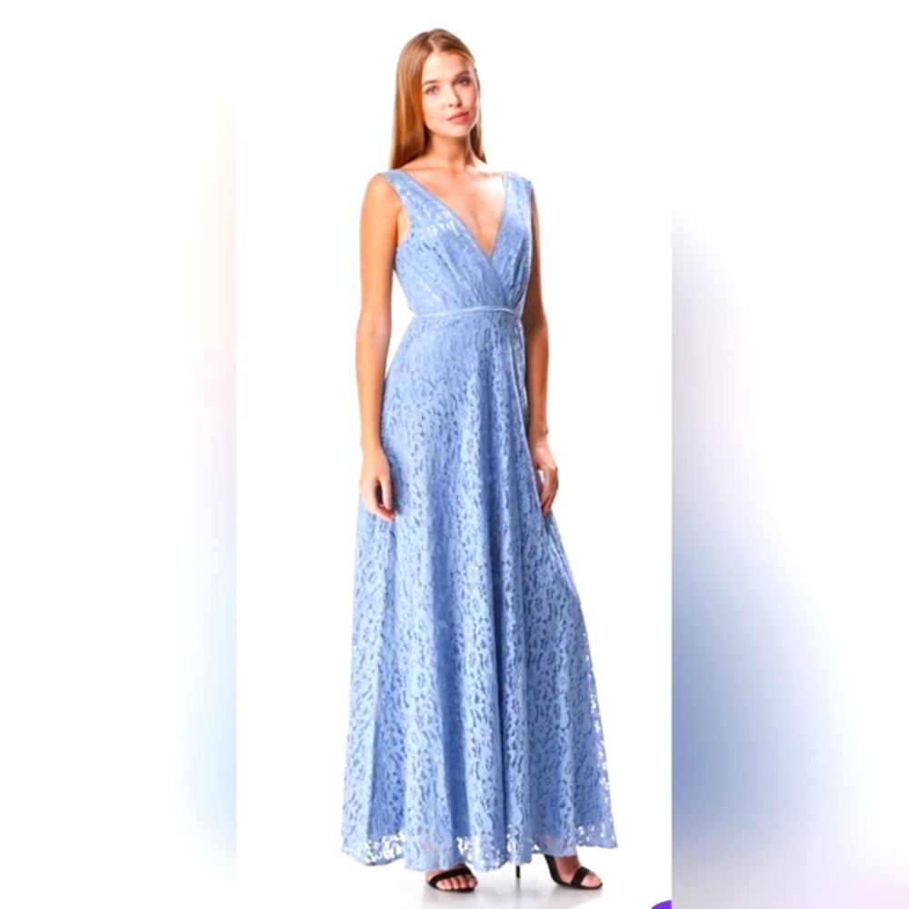 NWT INA Cornflower Blue Lace Gown Dress Plunge v Neckline A Line Long Formal